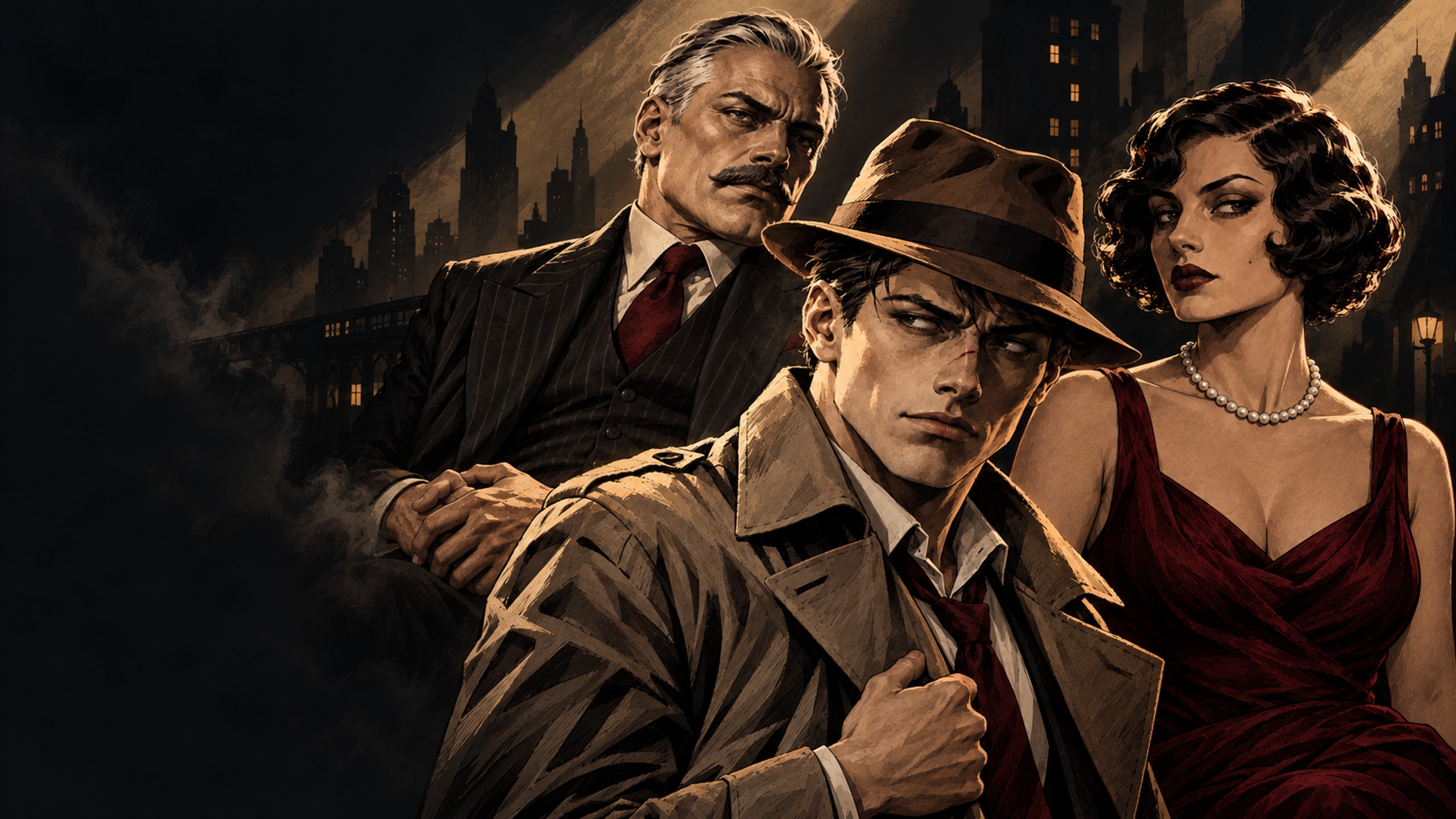 A fedora-wearing detective, a pearl-wearing woman in a burgundy dress and a silver-haired crime boss against a shadowy 1920s city