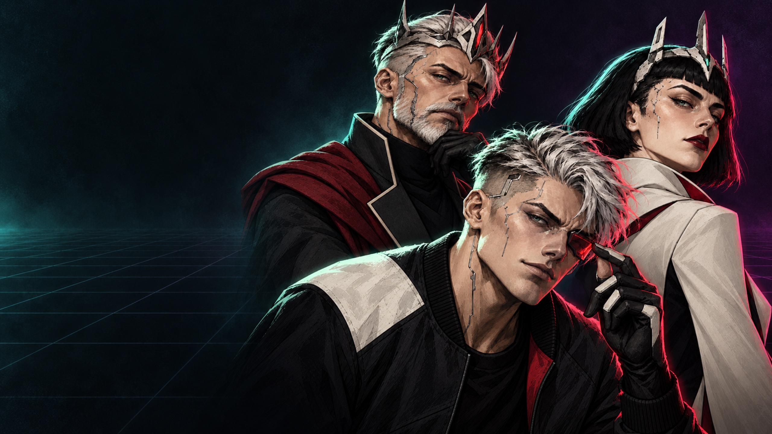 Three illustrated cyberpunk royals—a silver-haired visor-wearing Jack, an ivory-clad Queen and a crowned King—against a restrained cyberspace grid