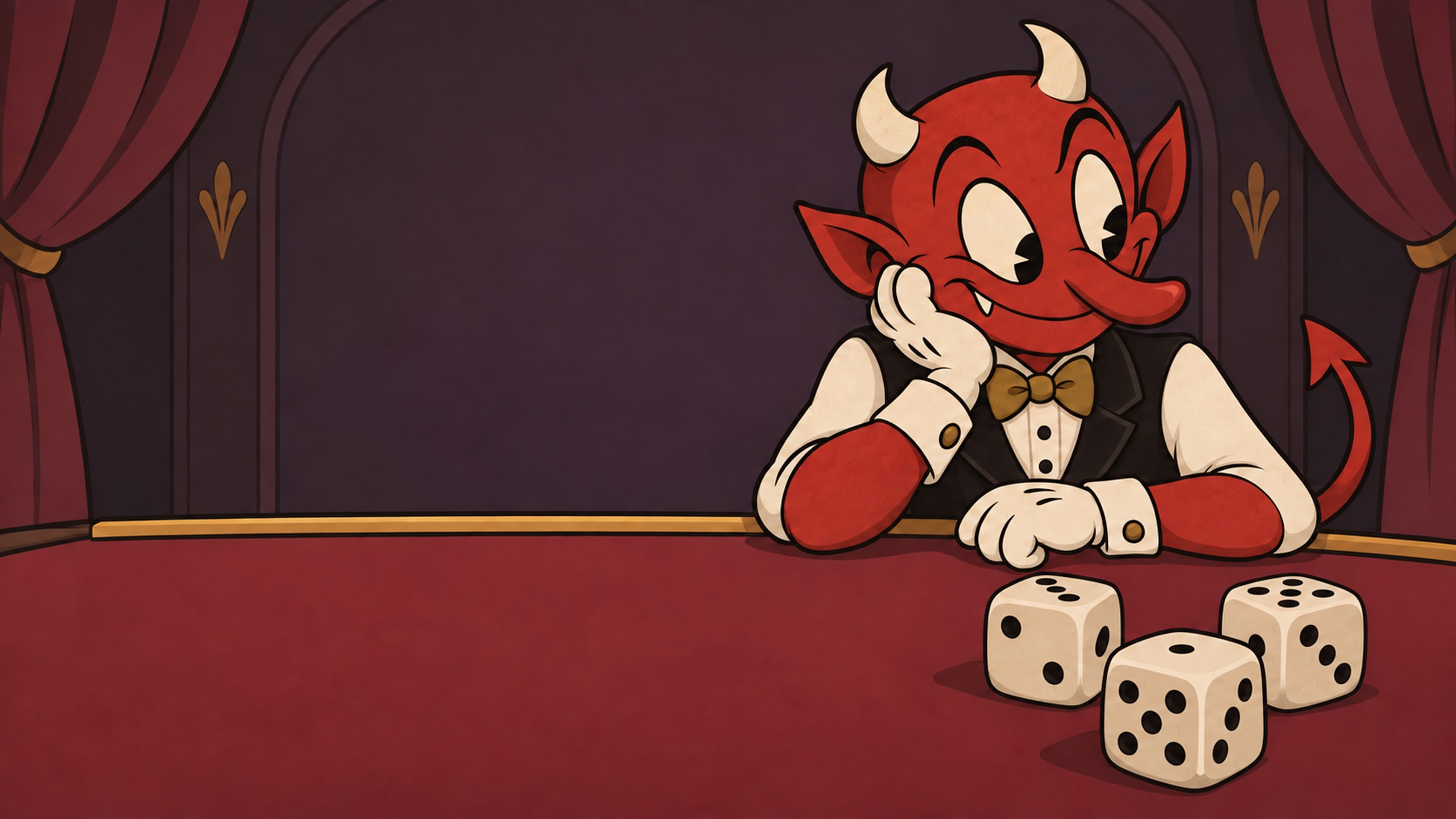 A red rubber-hose cartoon devil in a waistcoat and gold bow tie leans across a burgundy dice table beneath theatre curtains