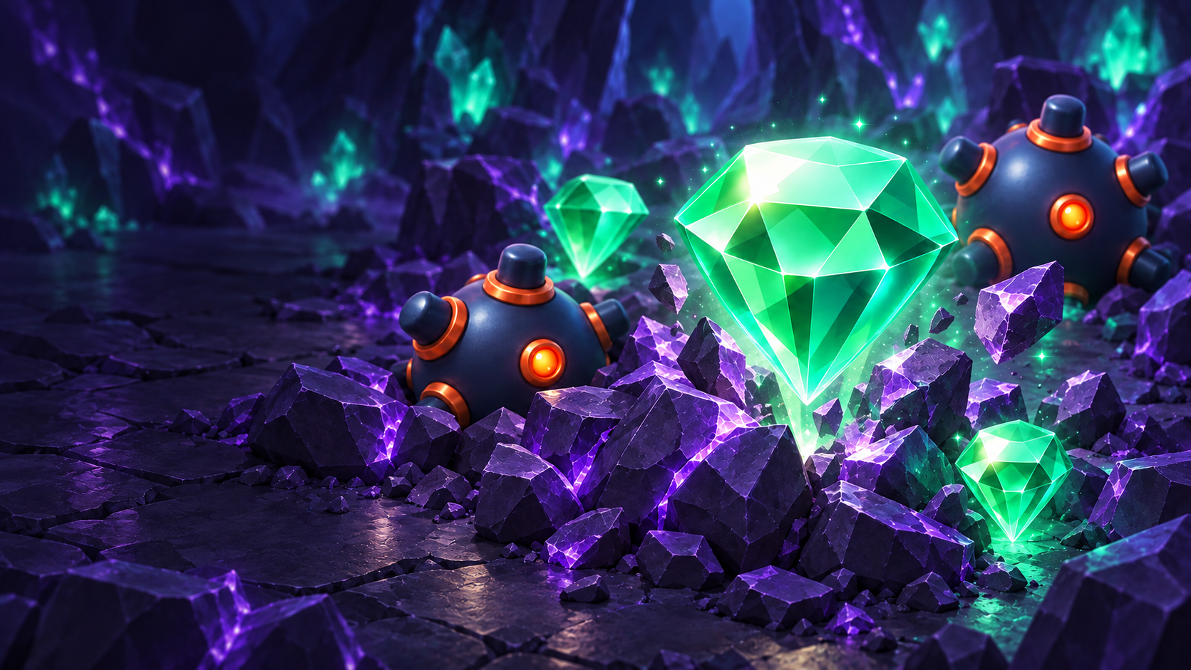 Luminous mint-green gems and rounded navy mines emerge from shattered purple rocks in a stylized crystal cavern