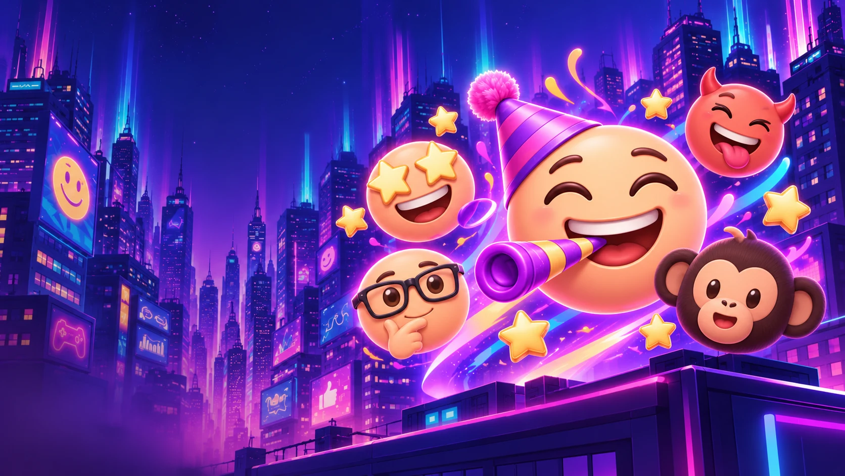 Soft apricot-coloured emoji characters and a dark-furred monkey float above Mojiland's violet and cyan neon city