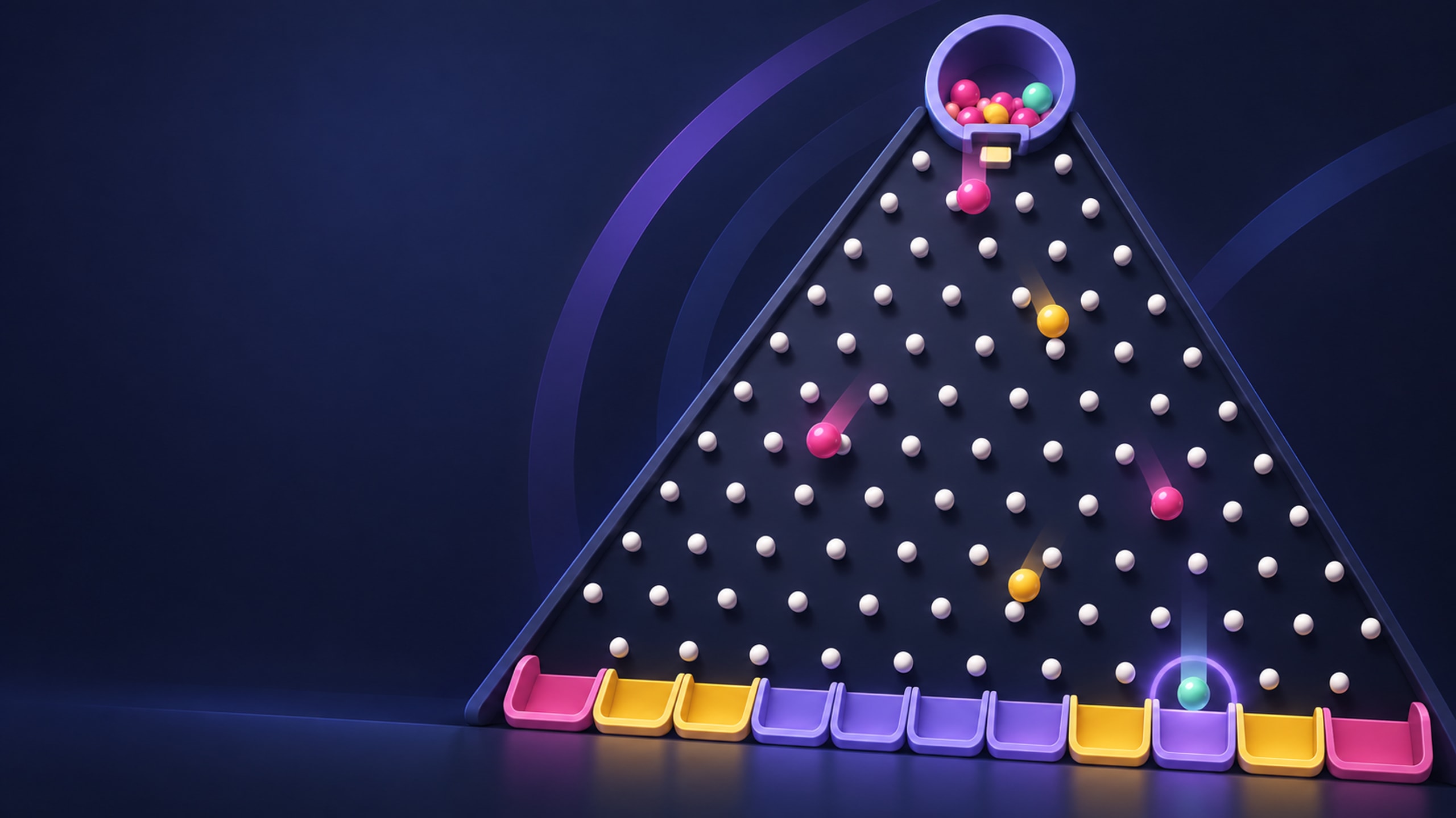 Raspberry, gold and mint balls bounce through an ivory-pegged navy board beneath a lavender hopper, with colourful landing pockets and a glowing portal