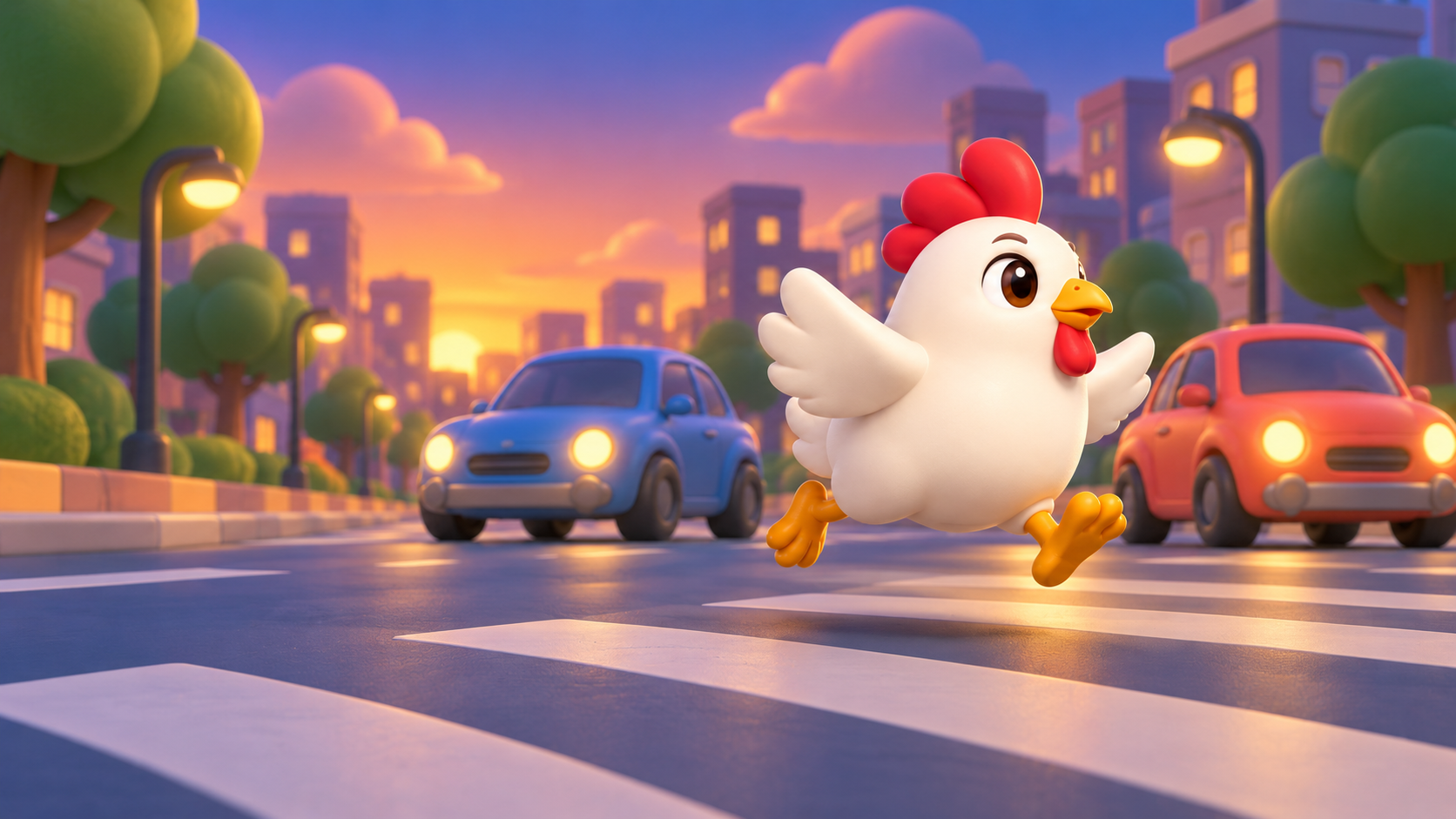 A stylized 3D chicken leaps across a road, with rounded blue and coral cars in a sunset city