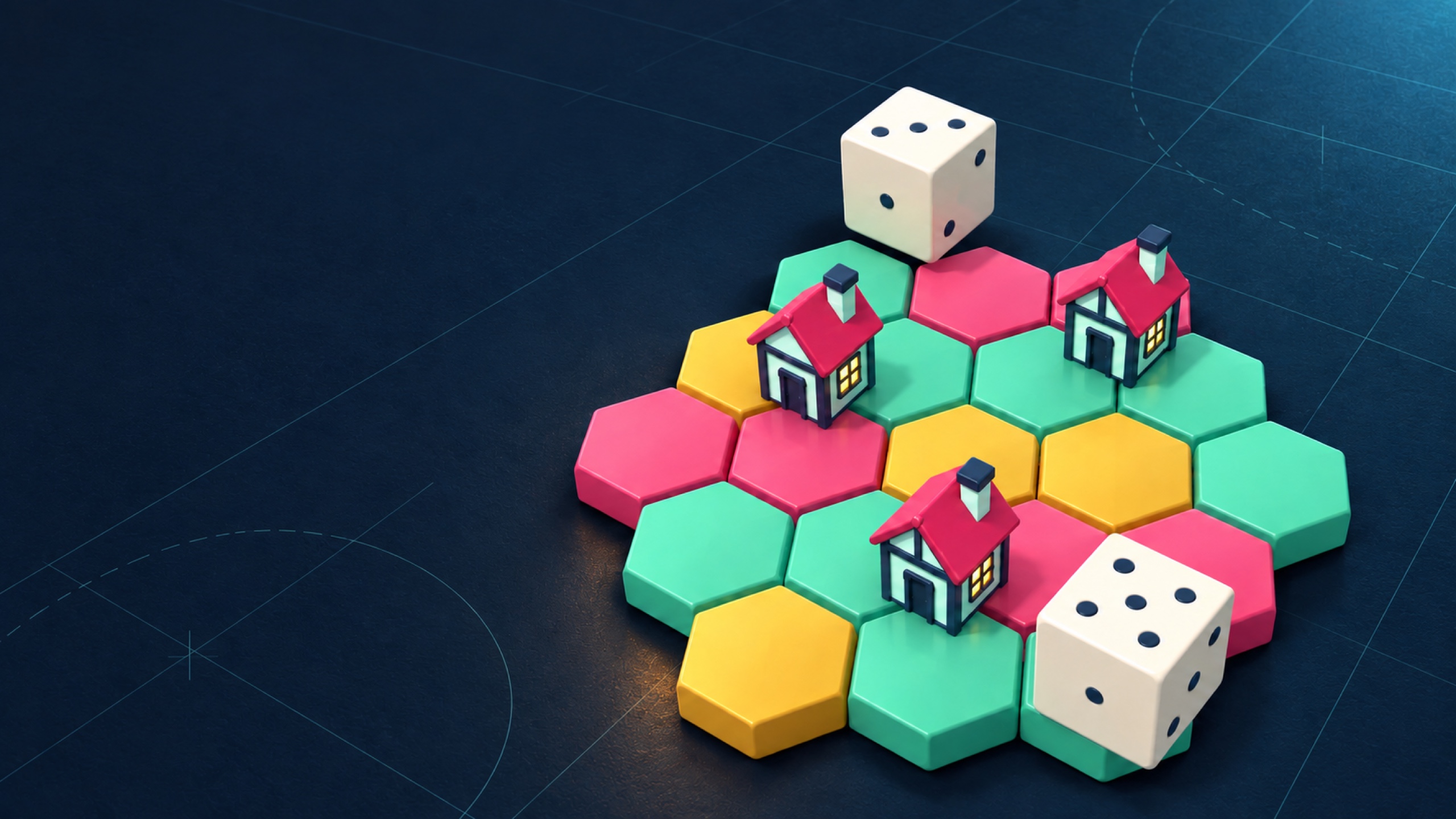 Three raspberry-roofed timber houses at the junctions of a mint, gold and pink hexagonal board, with two ivory dice in a consistent tabletop perspective