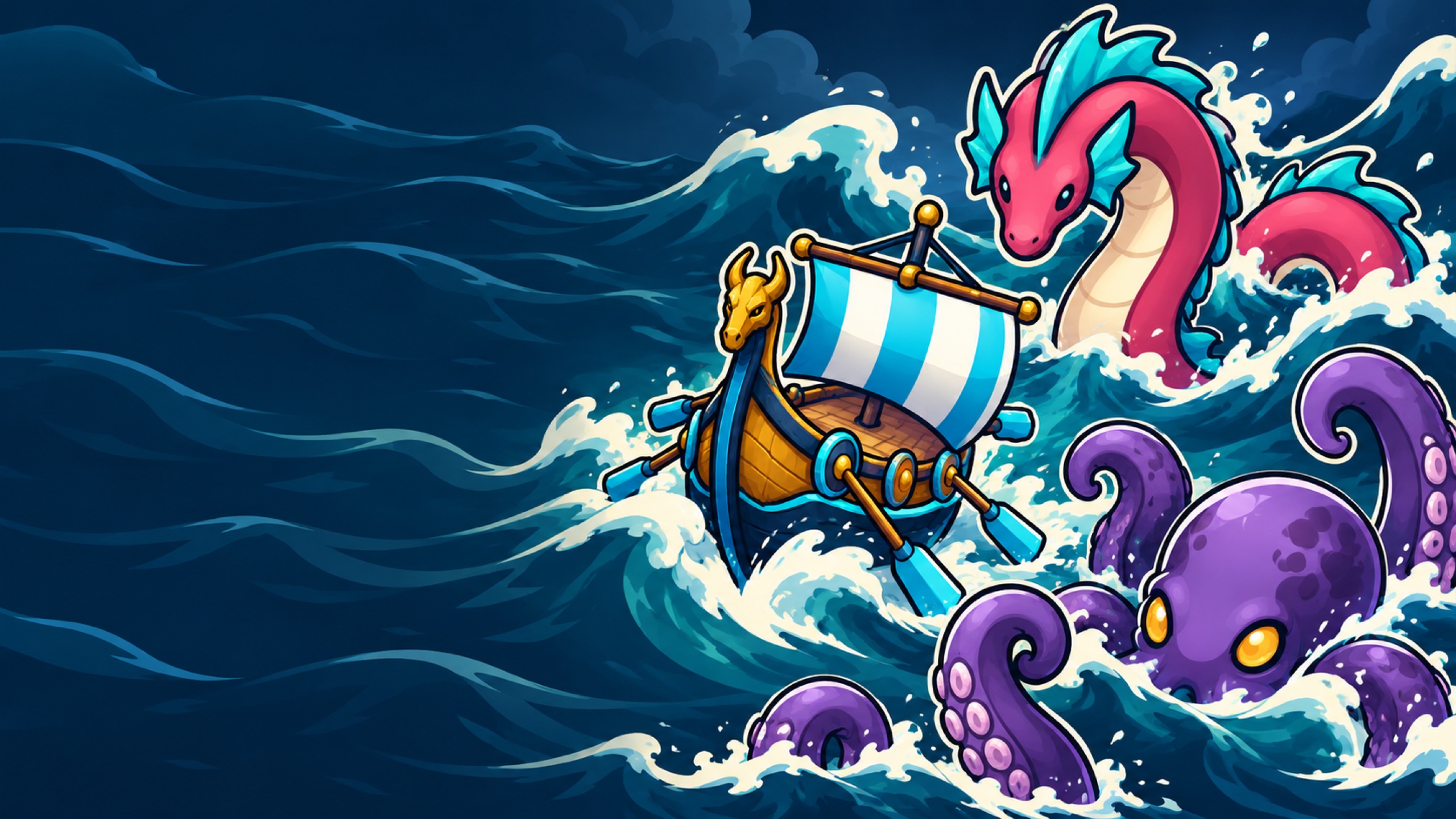 A cyan-sailed longship rides illustrated teal waves between a raspberry sea serpent and a purple kraken